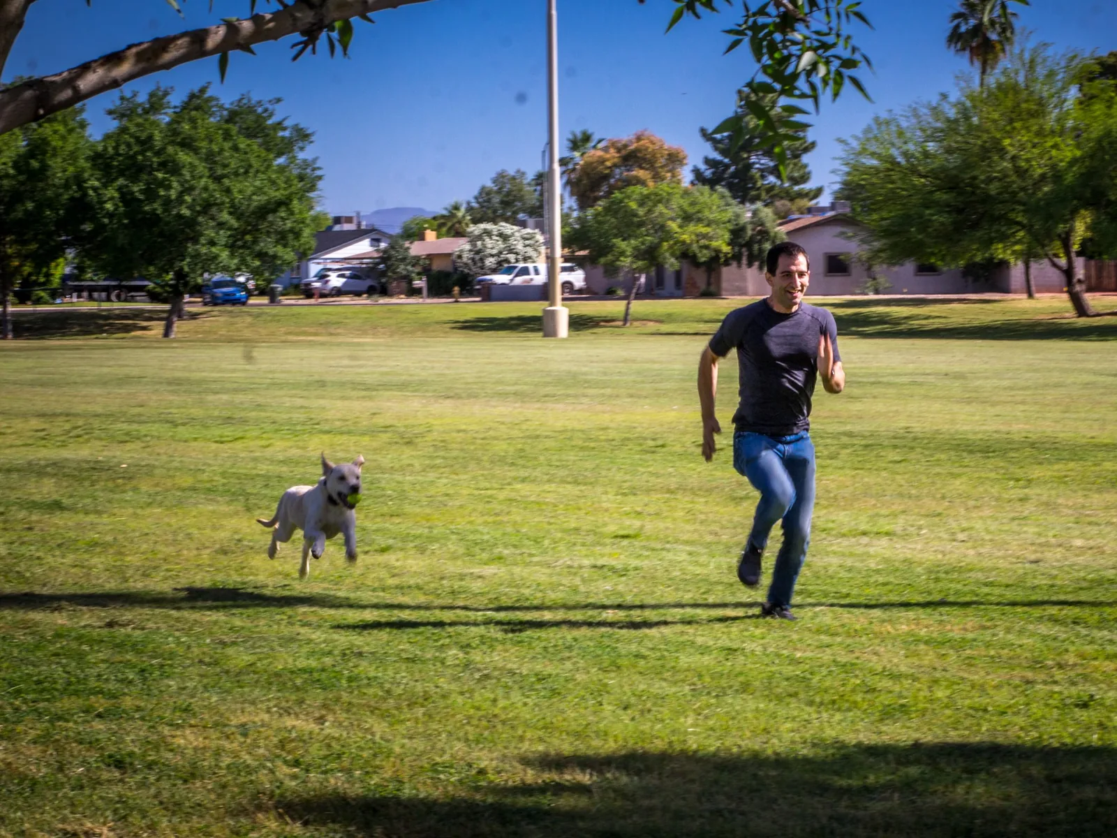 Yoni and a dog running together across an open park.