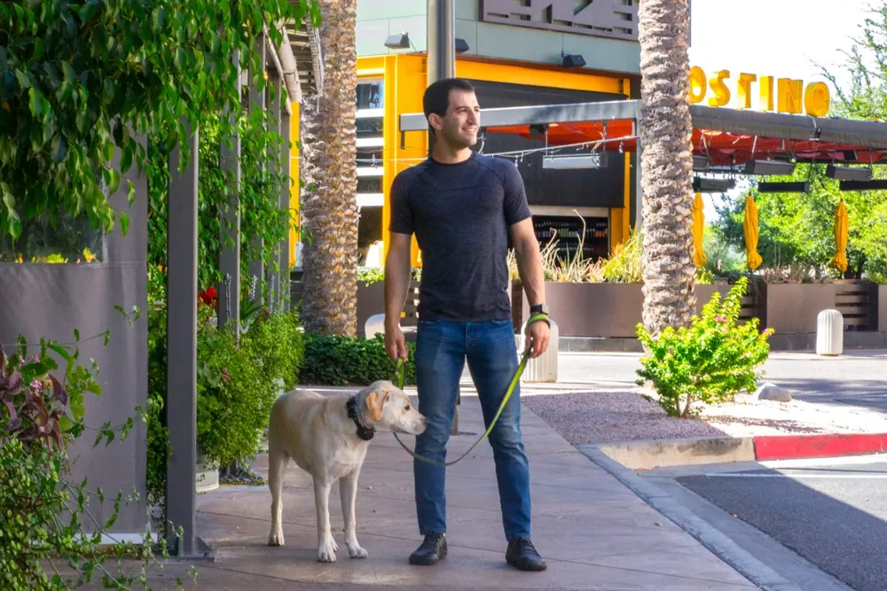 A calm dog sitting at Yoni's side on a busy sidewalk.